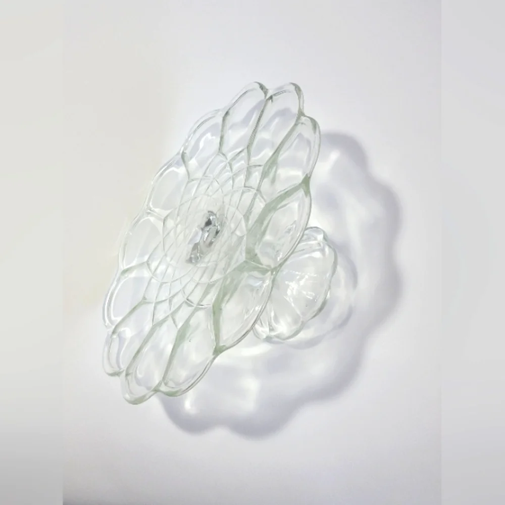 Vintage Pedestal Cake Stand L E Smith Dominion Clear Glass Scalloped Edge Design